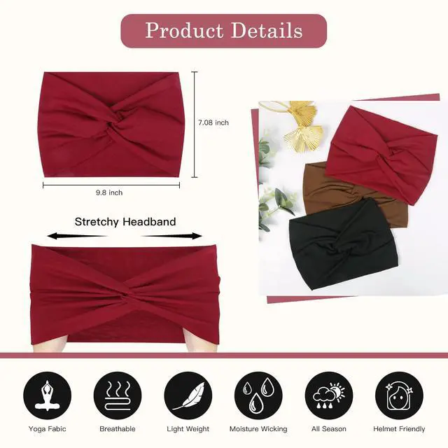Alt view image 2 of 6 - 7'' Extra Wide Headbands for Women, Large Thick Turban Head Wrap Headband, Boho Bandana Head Bands for Women's Hair, Non Slip Workout Yoga Hairband Hair Accessories, 6 Pack