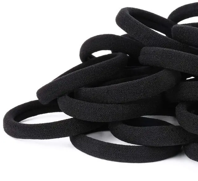 Main image of 50PCS Black Hair Ties for Women, Cotton Seamless Hair Bands, Elastic Ponytail Holders, No Damage for Thick Hair, 2 Inch in Diameter, by Qarwayoc