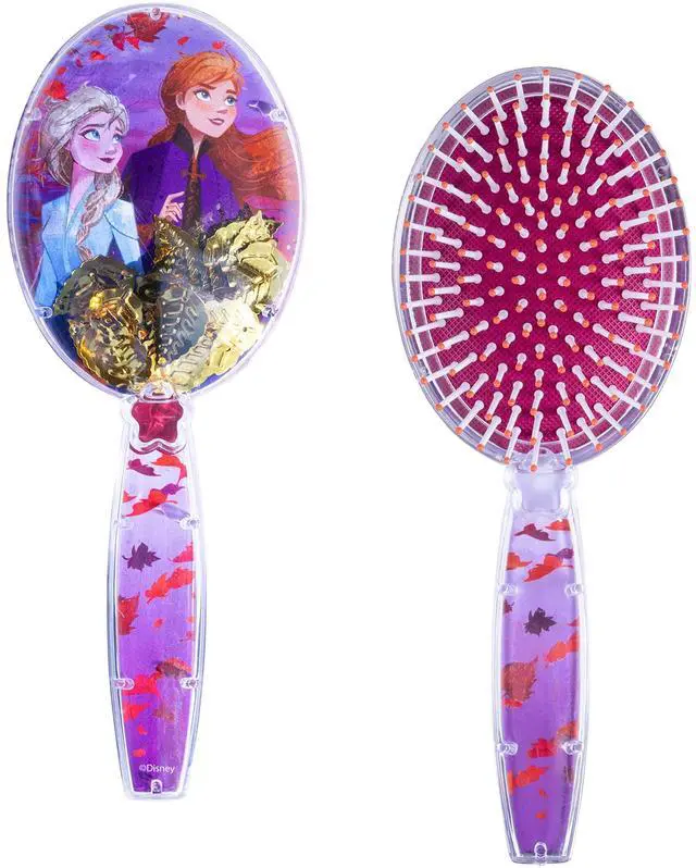 Main image of Disney Frozen Hair Brush with Magical Sparkling Leaves Confetti featuring Anna and Elsa for Girls, Purple - Kids Ages 3+