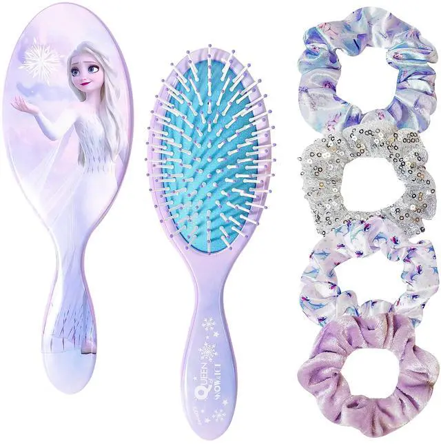 Main image of Frozen Princess Elsa Hair Accessory 5 Pcs Set - 1 Regular 9 inch Frozen Hairbrush & 4 Frozen Scrunchies - Detangling Brush & Elastic Hair Ties Ropes for Girls, Ages 3+