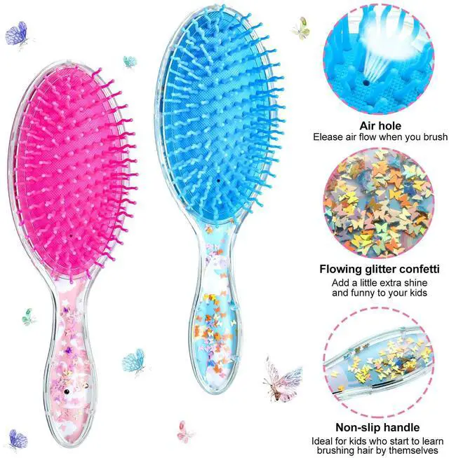 Alt view image 3 of 6 - 2 Pcs Kids Hair Brush with Confetti Glitter, Wet Dry Girls Detangling Brush for All Hair Types Pain-free Comb for Girls Boys Toddler Women Birthday Gifts(Rabbit and Unicorn)