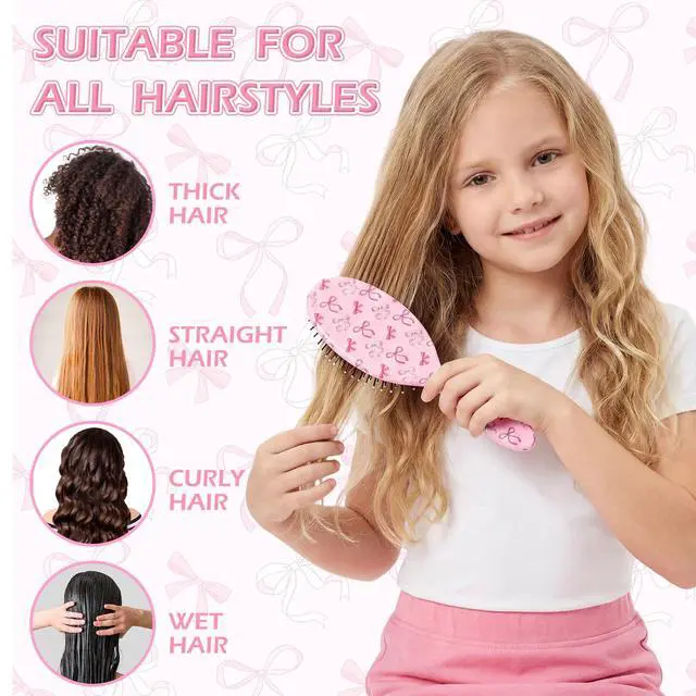 Alt view image 2 of 7 - Girls Hair Brush for Women, Hair Brushes Girls Brush Pink Bow Detangling Brush for Curly Hair Pain-Free Girl Hairbrush Kids
