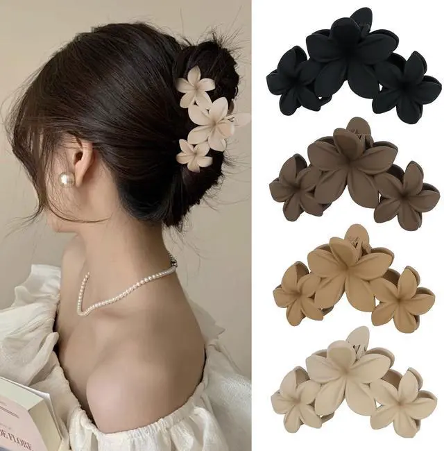 Main image of 4PCS Hawaiian Plumeria Flower Hair Clips - Large Non-Slip Matte Claw Clips for Women, Strong Hold Beach Hair Accessories