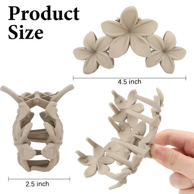 Alt view image 3 of 7 - 4PCS Hawaiian Plumeria Flower Hair Clips - Large Non-Slip Matte Claw Clips for Women, Strong Hold Beach Hair Accessories