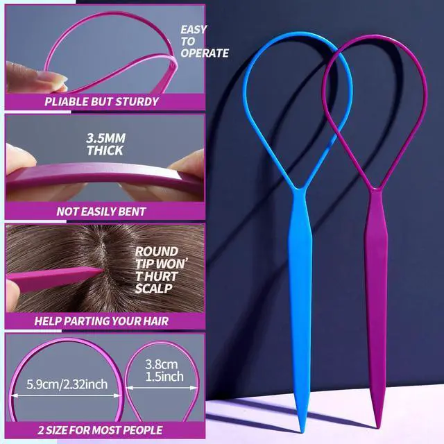 Alt view image 3 of 7 - 4pcs Pony Hair Tail Accessories, 2 Pairs French Braiding Tool, Turvy Styling Tool for Women Girls, Ponytail Pull Through Tool Purple/Blue