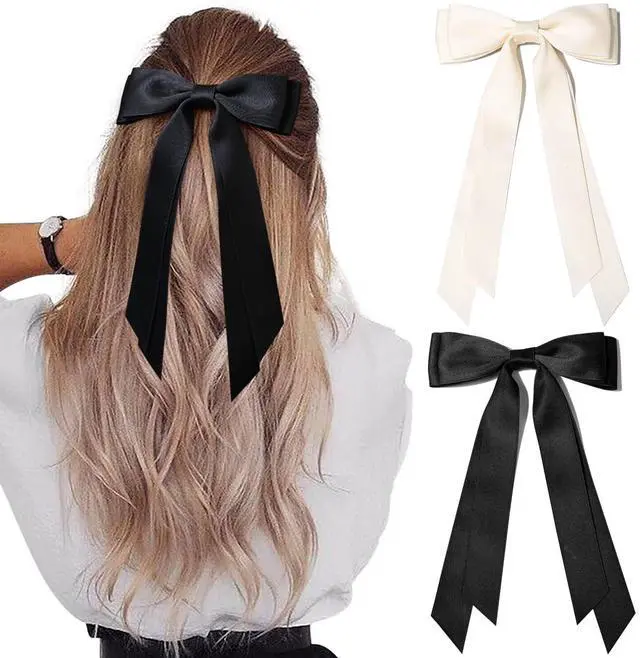 Main image of 2PCS Hair Bows Hair Clip Beige Black Hair Ribbon Ponytail Holder Accessories Slides Metal Clips Hair Bow for Women Girls Toddlers Teens Kids