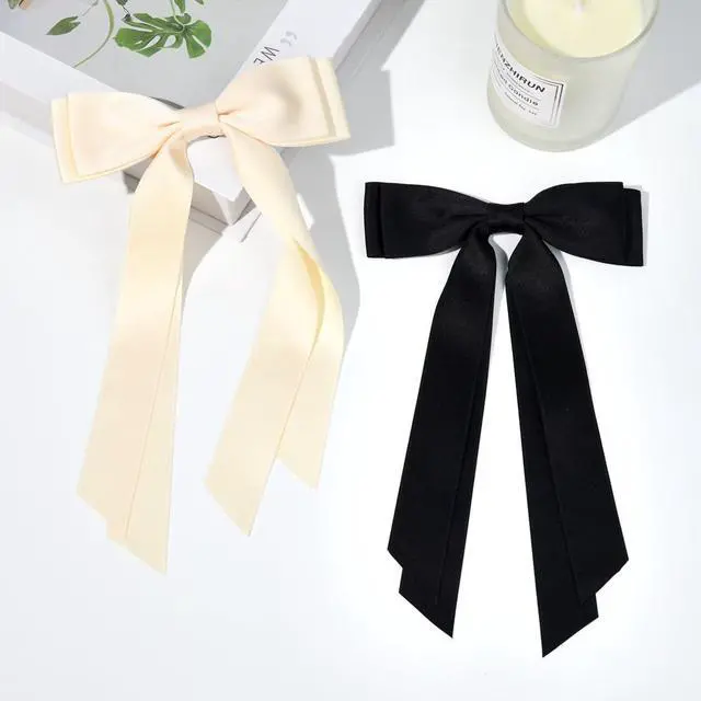 Alt view image 2 of 7 - 2PCS Hair Bows Hair Clip Beige Black Hair Ribbon Ponytail Holder Accessories Slides Metal Clips Hair Bow for Women Girls Toddlers Teens Kids