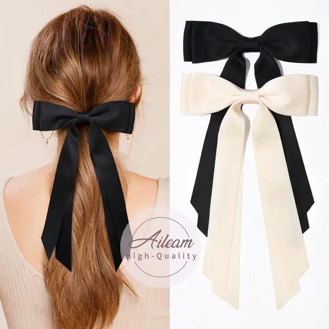 Alt view image 4 of 7 - 2PCS Hair Bows Hair Clip Beige Black Hair Ribbon Ponytail Holder Accessories Slides Metal Clips Hair Bow for Women Girls Toddlers Teens Kids