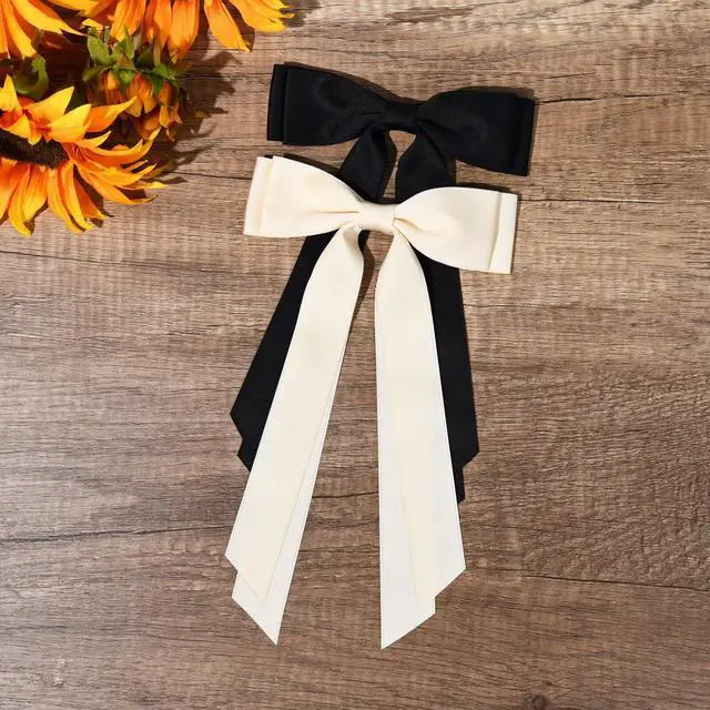 Alt view image 6 of 7 - 2PCS Hair Bows Hair Clip Beige Black Hair Ribbon Ponytail Holder Accessories Slides Metal Clips Hair Bow for Women Girls Toddlers Teens Kids