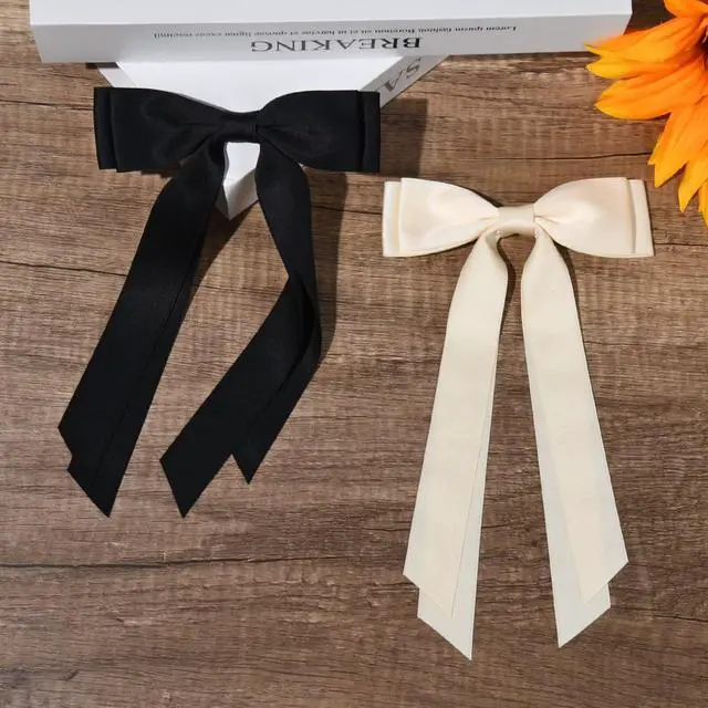 Alt view image 7 of 7 - 2PCS Hair Bows Hair Clip Beige Black Hair Ribbon Ponytail Holder Accessories Slides Metal Clips Hair Bow for Women Girls Toddlers Teens Kids
