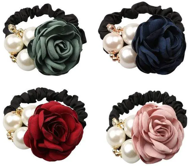 Main image of 4Pcs Korean Fashion Pearl Hair Rope Rose Flower Rhinestone Hair Ties/ Jewelry Rubber Band