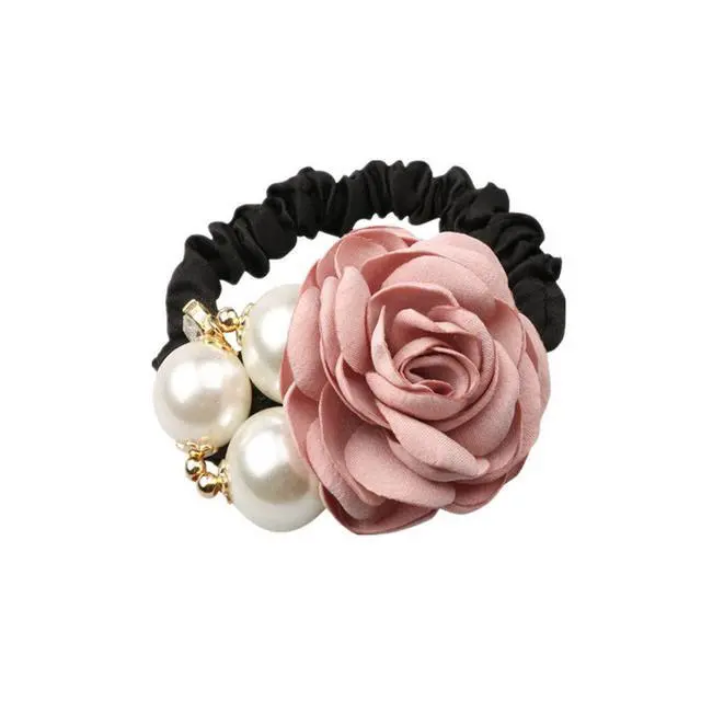 Alt view image 2 of 7 - 4Pcs Korean Fashion Pearl Hair Rope Rose Flower Rhinestone Hair Ties/ Jewelry Rubber Band