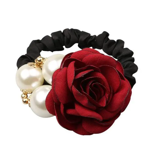 Alt view image 3 of 7 - 4Pcs Korean Fashion Pearl Hair Rope Rose Flower Rhinestone Hair Ties/ Jewelry Rubber Band