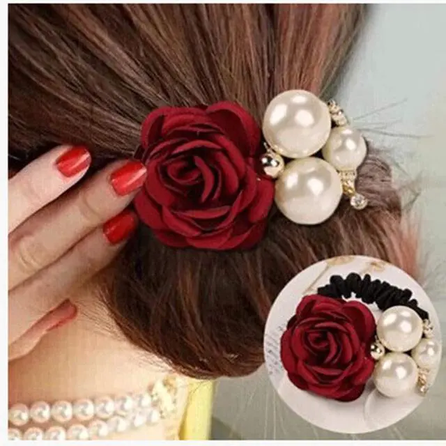 Alt view image 6 of 7 - 4Pcs Korean Fashion Pearl Hair Rope Rose Flower Rhinestone Hair Ties/ Jewelry Rubber Band