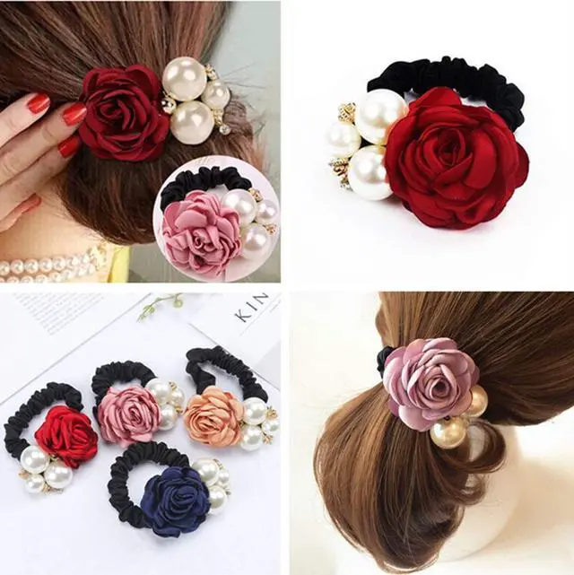 Alt view image 5 of 7 - 4Pcs Korean Fashion Pearl Hair Rope Rose Flower Rhinestone Hair Ties/ Jewelry Rubber Band