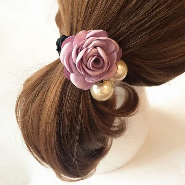 Alt view image 7 of 7 - 4Pcs Korean Fashion Pearl Hair Rope Rose Flower Rhinestone Hair Ties/ Jewelry Rubber Band
