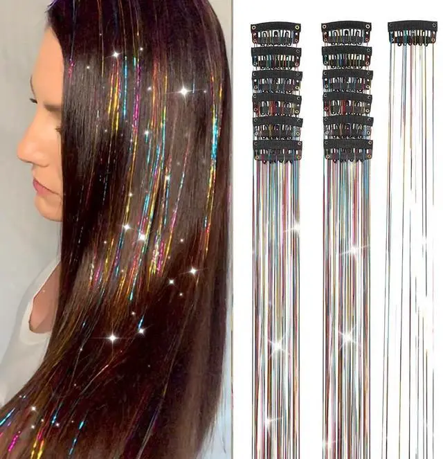Main image of Hair Tinsel 12Pcs Clip in Rainbow Hair Accessories 20.5 Inch Fairy Hair Tinsel Kit for Women Girls Glitter Extensions for Christmas Halloween New Year Party (Rainbow)