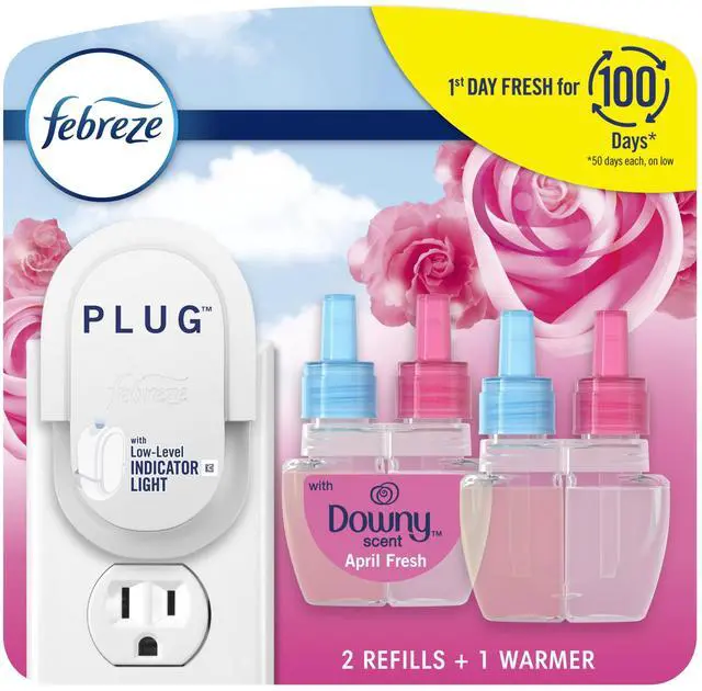 Main image of Plug-In Air Freshener, Odor-Fighting Scented Oil Starter Kit, Air Fresheners for Home and Bathroom and Kitchen, Long Lasting for Strong Odors, Downy April Fresh Scent, Warmer + 2 Refill