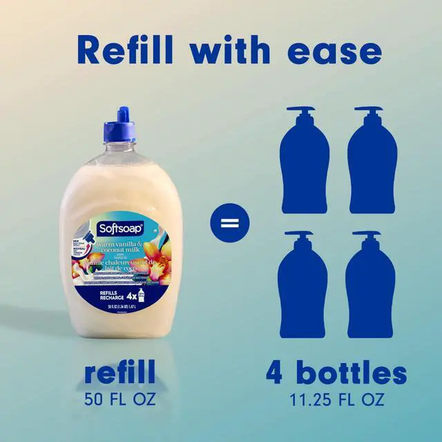 Alt view image 5 of 7 - Moisturizing Liquid Hand Soap with New Easy Pour Spout, Kitchen and Bathroom Hand Soap, Warm Vanilla and Coconut Milk Scent, 50 fl oz Refill