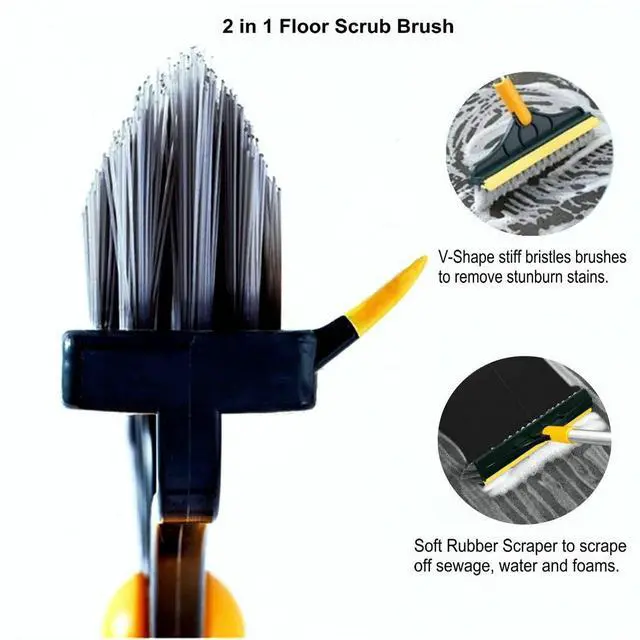 Alt view image 2 of 6 - 2 in 1 Cleaning Scrub Brush Grout Brush Scrape Floor Scrub Brush with Long Handle V-Shape Stiff Bristle Brush Scrubber with Squeegee 120°Rotating Shower Scruber for Cleaning Bathroom Glass Wall