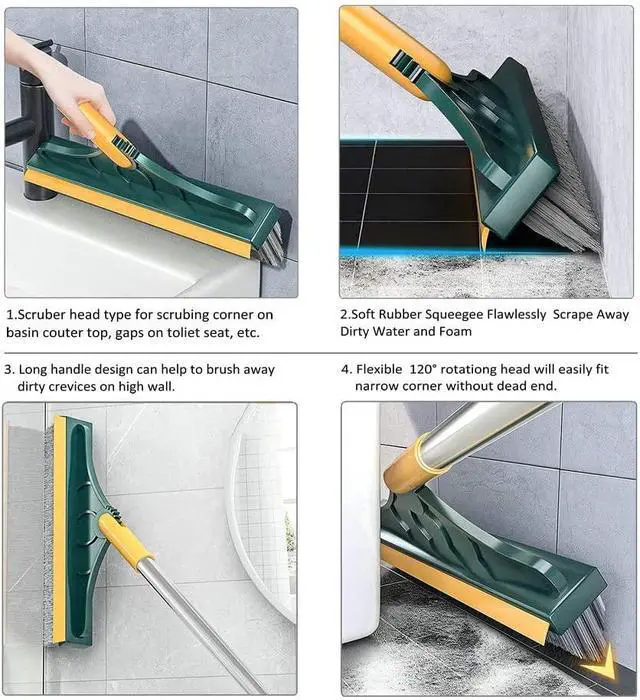 Alt view image 5 of 6 - 2 in 1 Cleaning Scrub Brush Grout Brush Scrape Floor Scrub Brush with Long Handle V-Shape Stiff Bristle Brush Scrubber with Squeegee 120°Rotating Shower Scruber for Cleaning Bathroom Glass Wall