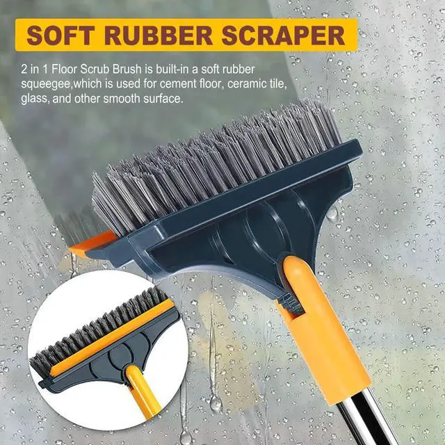 Alt view image 3 of 6 - 2 in 1 Cleaning Scrub Brush Grout Brush Scrape Floor Scrub Brush with Long Handle V-Shape Stiff Bristle Brush Scrubber with Squeegee 120°Rotating Shower Scruber for Cleaning Bathroom Glass Wall