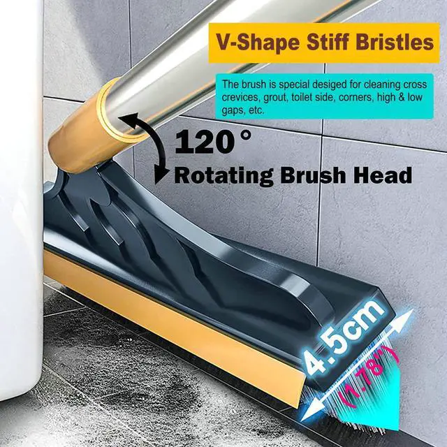 Alt view image 4 of 6 - 2 in 1 Cleaning Scrub Brush Grout Brush Scrape Floor Scrub Brush with Long Handle V-Shape Stiff Bristle Brush Scrubber with Squeegee 120°Rotating Shower Scruber for Cleaning Bathroom Glass Wall