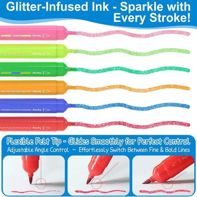 Alt view image 6 of 7 - Dual Tip Glitter Highlighters Set, 6 Colors-Changing Fun Line Style Pens for Writing, Drawing, Sparkle Markers Ideal for Students, Artists, Journaling, Office & School Supplies(6 Pack)