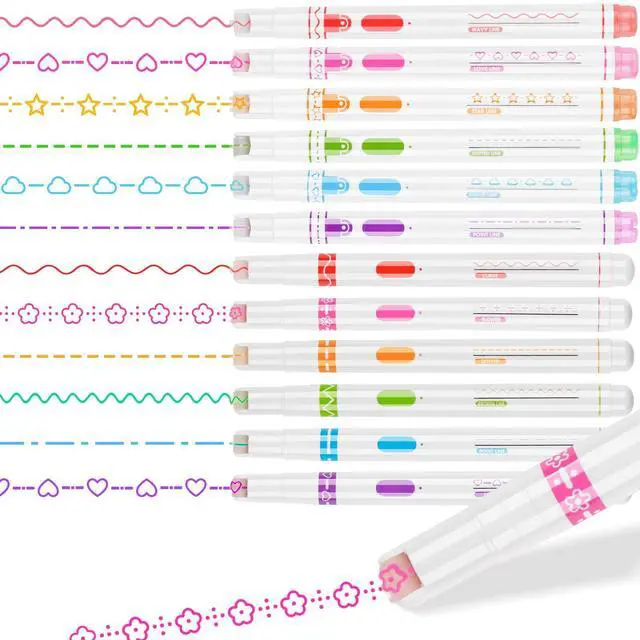Main image of Curve Highlighter Pens 12 Pack, Roller Stamp Markers, 8 Patterns