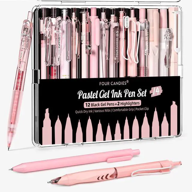 Main image of Writing Ink Pens with Black & Pink Ink and 2Pack Highlighter, Cute Retractable 0.5mm Smooth Writing Pens,Pink Pens for School, Office Girly Stationery Aesthetic Desk Accessories Set of 14
