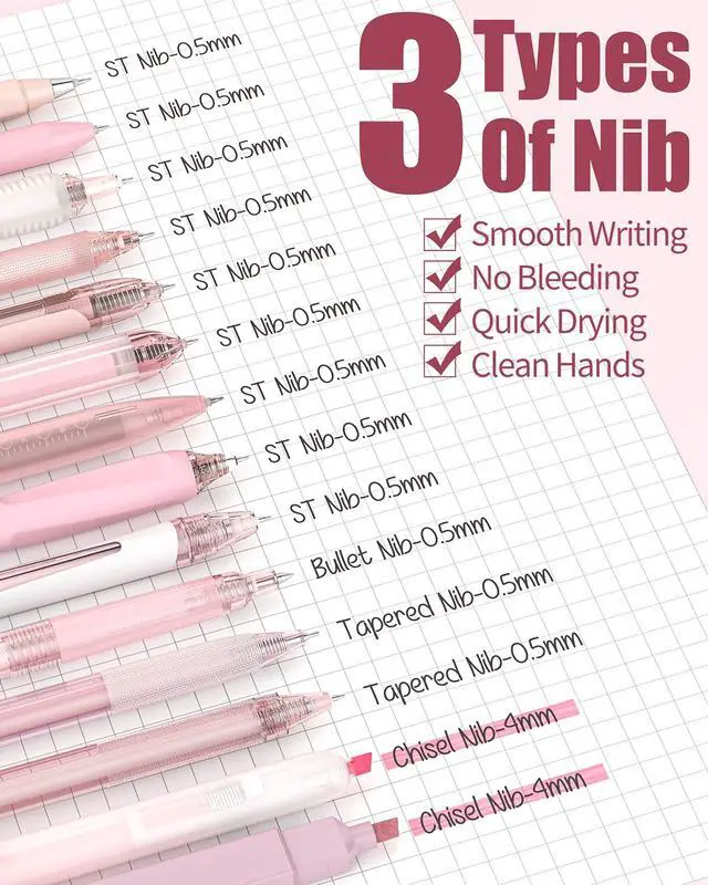 Alt view image 4 of 7 - Writing Ink Pens with Black & Pink Ink and 2Pack Highlighter, Cute Retractable 0.5mm Smooth Writing Pens,Pink Pens for School, Office Girly Stationery Aesthetic Desk Accessories Set of 14