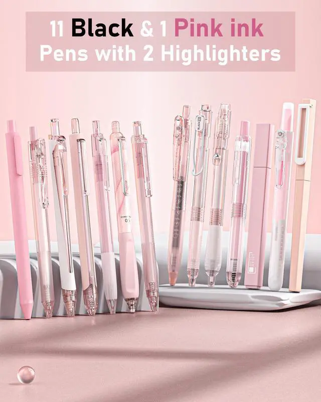 Alt view image 2 of 7 - Writing Ink Pens with Black & Pink Ink and 2Pack Highlighter, Cute Retractable 0.5mm Smooth Writing Pens,Pink Pens for School, Office Girly Stationery Aesthetic Desk Accessories Set of 14