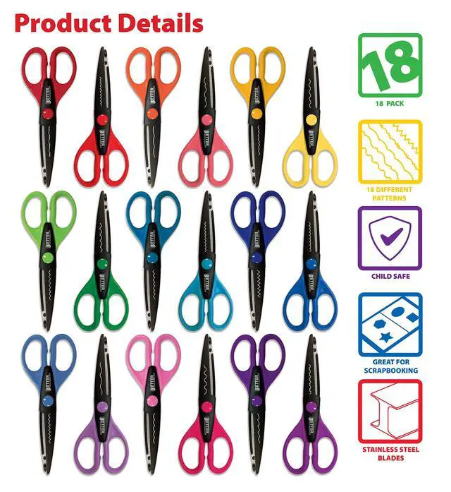 Alt view image 3 of 6 - 18 Piece Decorative Edge Craft Scissors, 18 Colors and Edge Designs, 6 Inch Length, 2.5 Inch Blades, Assorted 18 Count Edger Scissors