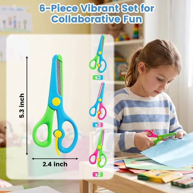 Alt view image 2 of 6 - Kids Craft Scissors, 6PCS Blunt Tip Safety Scissors Stocking Stuffer for Toddler, Anti-Pinch Design for Child Hand-Eye Coordination Development, Art Craft Scrapbooking Supplies