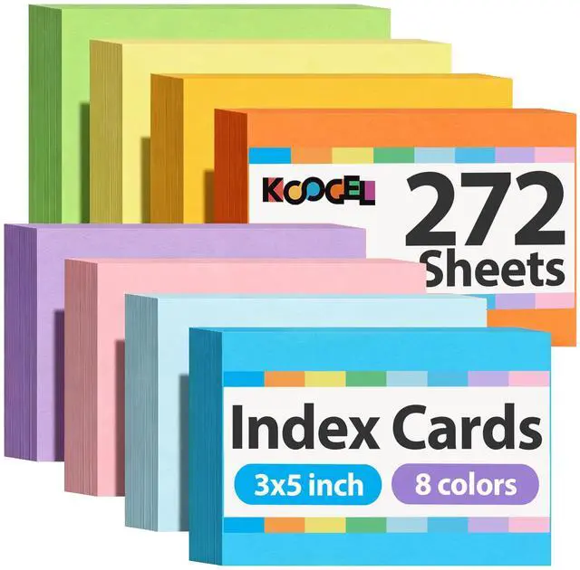 Main image of Index Cards 3x5 Inch, 272Count, Colored Flash Card for Studying, Heavy Weight Notecard Note Taking for School Students College Office Teachers, Home, Supplies, Blank, 8 Assorted Colors