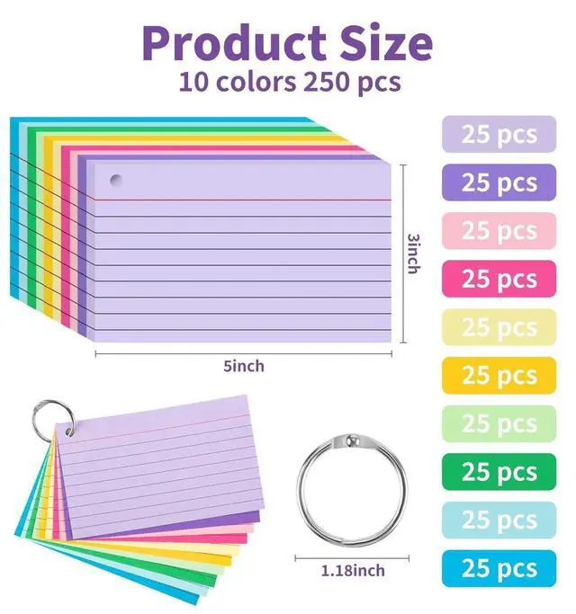 Alt view image 2 of 7 - 250 Count Colored Index Cards for Studying, 3x5 Inch Ruled Flash Cards 10 Color with Key Ring, 5 Packs of 50 Sheets Heavy Lined Study Note Cards with Waterproof Cover for School&Office Supplies