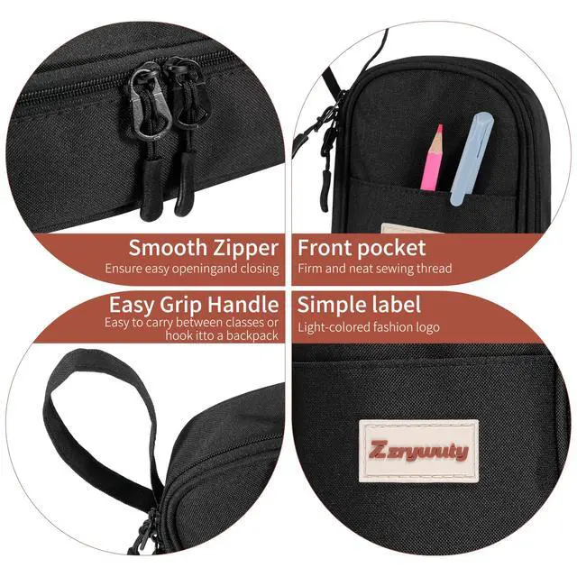Alt view image 4 of 6 - Pen Case with Zipper Pencil Pouch for Office Travel Portable Large Pencil Case Pouch for Teen Girls & Boys,Black