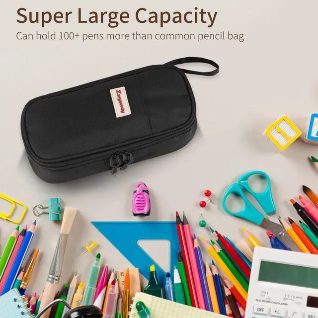 Alt view image 5 of 6 - Pen Case with Zipper Pencil Pouch for Office Travel Portable Large Pencil Case Pouch for Teen Girls & Boys,Black