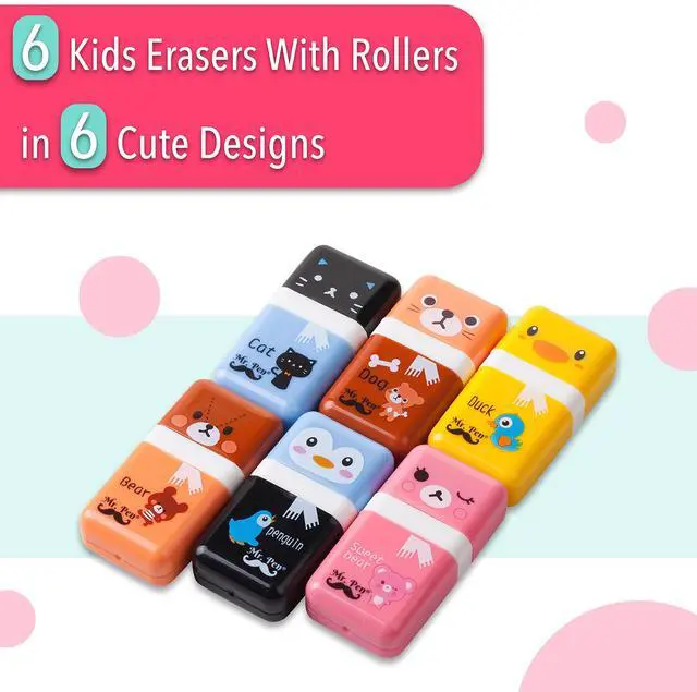 Alt view image 2 of 7 - Eraser with Cover and Roller, 6 Pack, Animal Theme