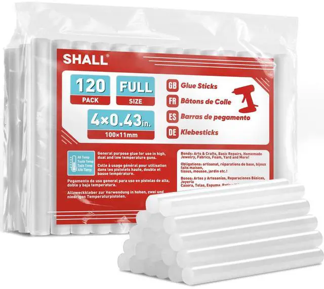 Main image of Full Size Hot Glue Sticks, 0.43 Dia x 4 Long, 120-pack Clear Hot Melt Glue Gun Sticks for All-Temp Glue Guns, Multipurpose for Kids Adults DIY Art Craft Sealing Repairing Festival Decoration