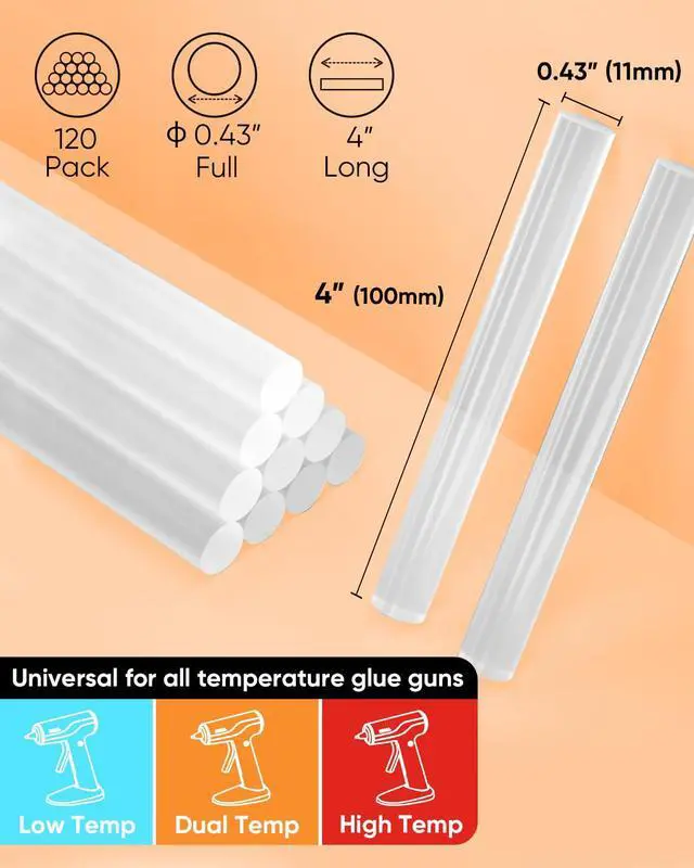Alt view image 3 of 7 - Full Size Hot Glue Sticks, 0.43 Dia x 4 Long, 120-pack Clear Hot Melt Glue Gun Sticks for All-Temp Glue Guns, Multipurpose for Kids Adults DIY Art Craft Sealing Repairing Festival Decoration