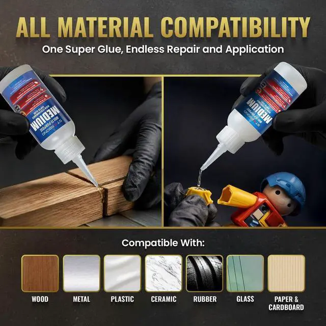 Alt view image 5 of 6 - Medium Super Glue Pro Kit (2 oz) Strong, Fast, All-Purpose CA Glue (Cyanoacrylate Adhesive) with Anti-Clog Cap, Precision Tips & Extra Nozzles for Woodworking, Quick Fixes & Hobby Models