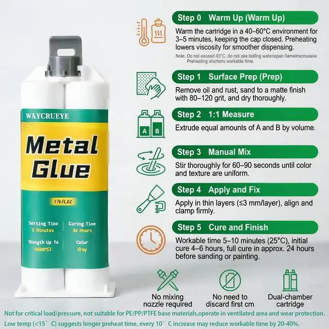 Alt view image 7 of 7 - Metal Glue Heavy Duty Waterproof, Metal to Metals Adhesive, Liquid Weld, Welding Glue, Cold Weld, Exhaust Repair kit, Weld Stainless Steel, Iron, Aluminum, Fiberglass, Plastic, 1.76 oz
