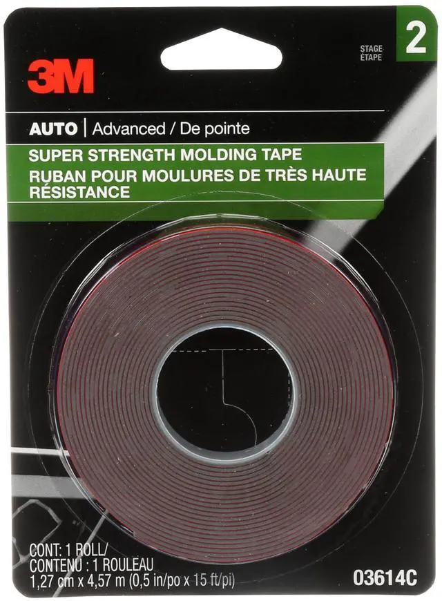 Main image of Super-Strength Molding Tape, 1/2 in x 15 ft, High Strength Double-Sided Adhesive, Permanently Attaches Side Moldings, Trim and Emblems to Interior and Exterior of Vehicles (03614)
