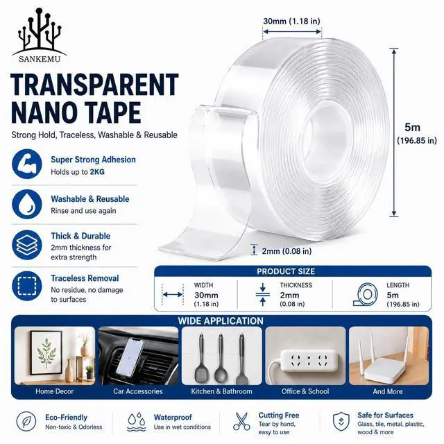 Alt view image 2 of 7 - Double-Sided Tape Heavy Duty 16.5 FT x 1.18 in Clear Removable Mounting Tape for Walls, Carpet, Rugs, Posters Reusable, No-Residue, Indoor/Outdoor Nano Gel Grip