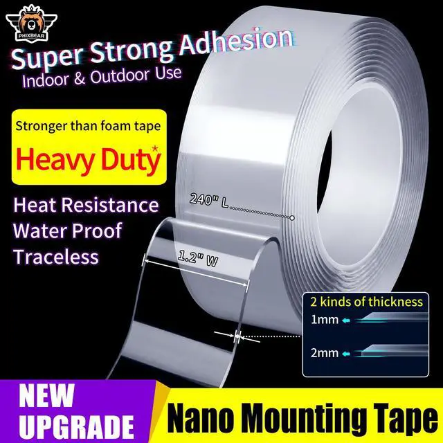 Alt view image 2 of 6 - Extra Large 1.2" x 240" Super Heavy Duty Double Sided Mounting Tape, Clear & Tough Nano Strong Adhesive Tape