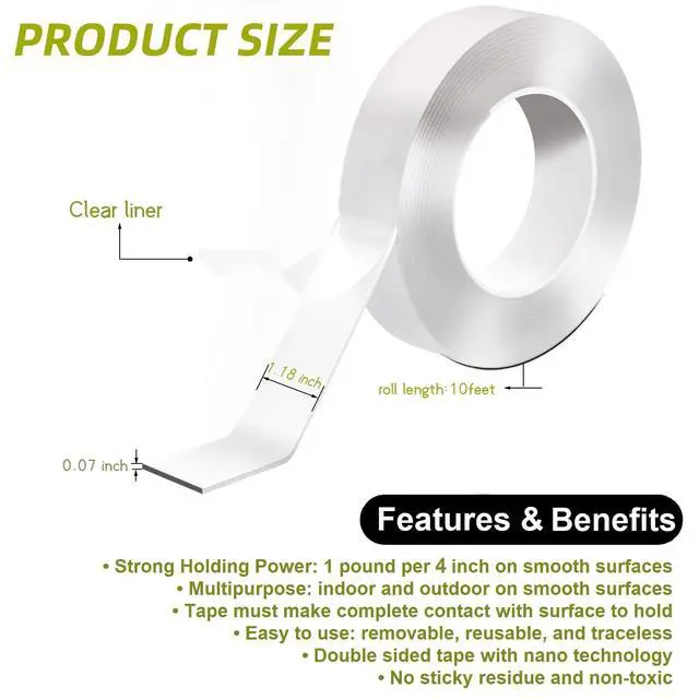 Alt view image 3 of 7 - Double Sided Tape Heavy Duty, 1.18"x120" Nano Double Sided Adhesive Tape for Walls, Removable Double Stick Tape, Picture Hanging Strips (10 Feet)