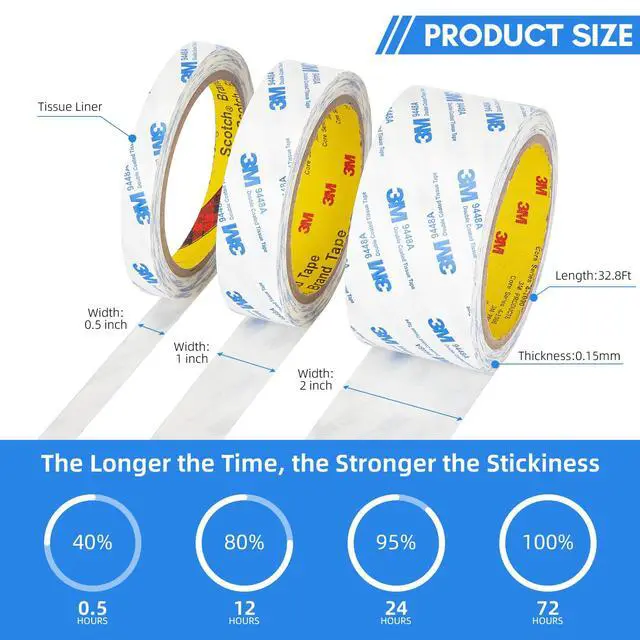 Alt view image 3 of 7 - 3M Double Sided Tape Thin 0.5"×32.8Ft, 9448A Double Coated Tissue Tape
