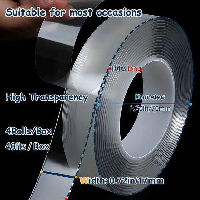 Alt view image 2 of 7 - 4Rolls, Nano Double Sided Mountinging Tape, Adhesive-self Heavy Duty Tape, 2 Sides Sticky Tack Tape, 0.7in×10fts, 40fts Total Long