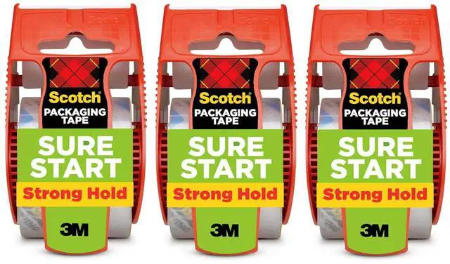 Main image of Sure Start Packing Tape, Clear, Quiet Unwind and Easy Start, Moving Supplies, 1.88 in. x 22.2 yd., 3 Tape Rolls with Dispensers